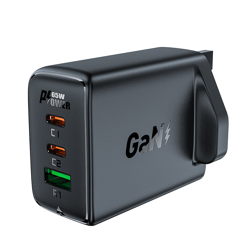 شاحن ACEFAST بقدرة 65 واط بتقنية GaN (منفذي USB-C + منفذ USB-A) – أسود