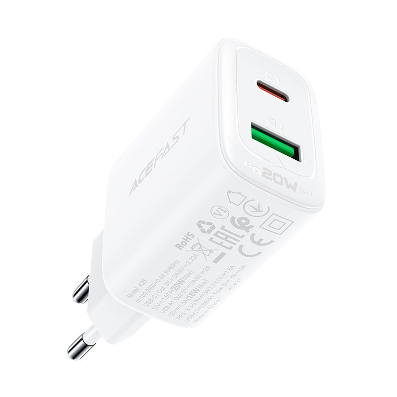شاحن ACEFAST بمنفذ مزدوج (USB-C+USB-A) بقدرة 20 واط