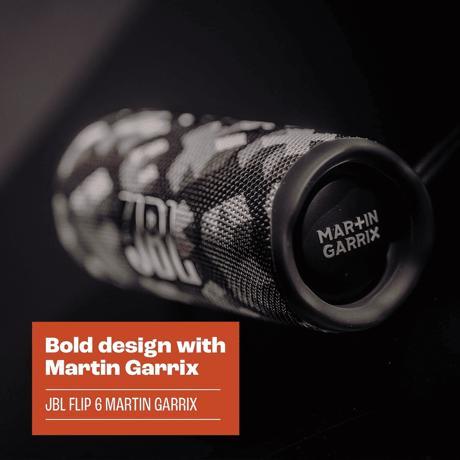 مكبر صوت JBL Flip6 المحمول والمقاوم للماء والمزود بتقنية البلوتوث، تم ابتكاره بالتعاون مع مارتن غاريكس - MG
