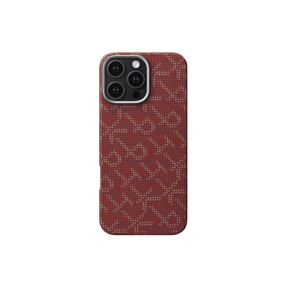 غطاء PITAKA المنسوج بنقشة المونوغرام (ذهبي/أحمر) لهاتف iPhone 16 Pro Max