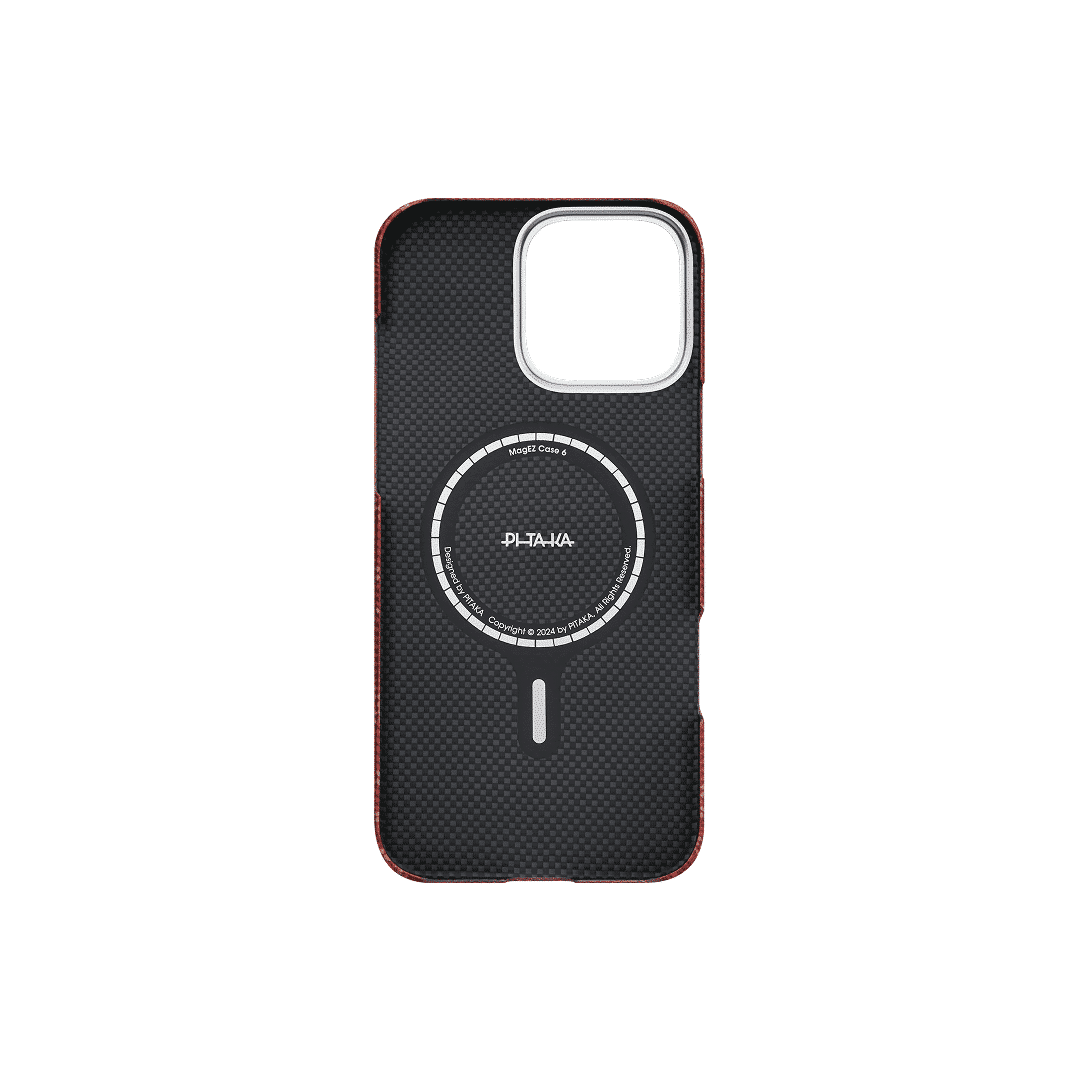غطاء PITAKA المنسوج بنقشة المونوغرام (ذهبي/أحمر) لهاتف iPhone 16 Pro Max