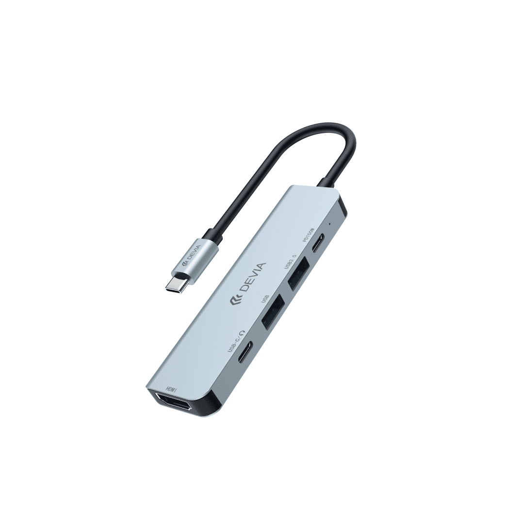 موزع DEVIA سلسلة Leopard بمنفذ C إلى منفذين USB+منفذ C+منفذ PD بقدرة 100 واط+منفذ HDMI (4K)، خماسي المنافذ (5 في 1)