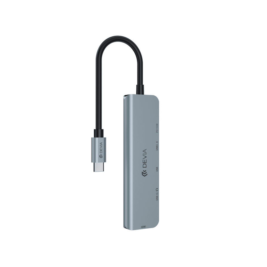 موزع DEVIA سلسلة Leopard بمنفذ C إلى منفذين USB+منفذ C+منفذ PD بقدرة 100 واط+منفذ HDMI (4K)، خماسي المنافذ (5 في 1)