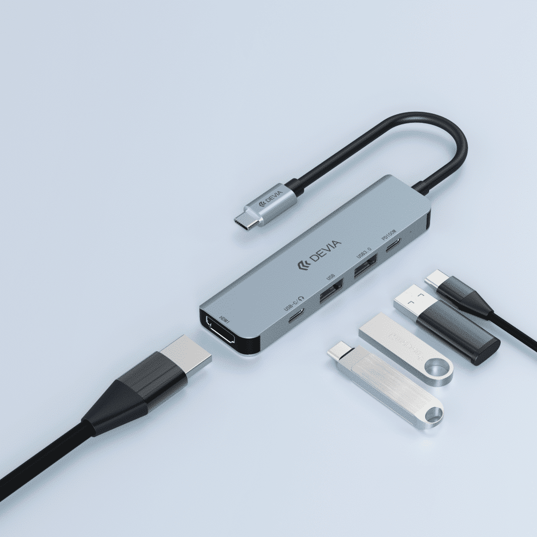 موزع DEVIA سلسلة Leopard بمنفذ C إلى منفذين USB+منفذ C+منفذ PD بقدرة 100 واط+منفذ HDMI (4K)، خماسي المنافذ (5 في 1)